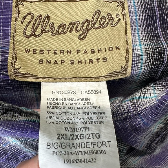 Wrangler Western Short Sleeve Men’s sz. 2XL XXL Purple Snap‎ Pearl Buttons Plaid - Picture 5 of 6